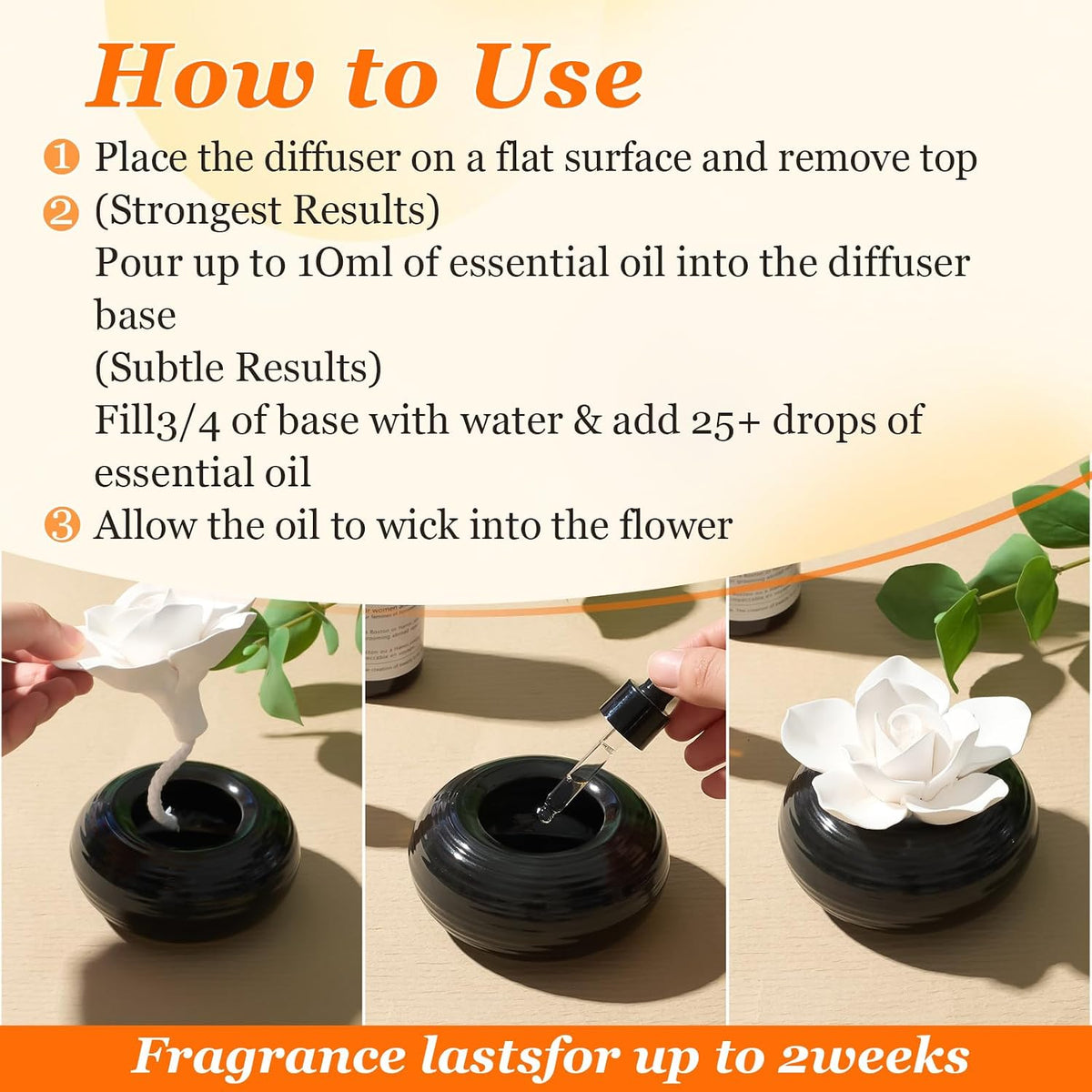 2 Pcs Reedless Ceramic Diffuser Set, Porcelain White Flower Aromatherapy Essential Oil Diffuser for Home Office Bathroom Tabletop Decor, Non-Electric, Valentines Day Gift (Camellia)