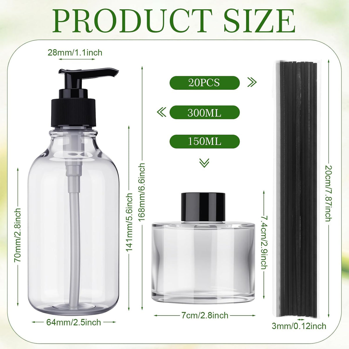 4-Piece Glass Diffuser & Lotion Bottle Set — Includes 5.1oz Diffuser Bottle and 10.1oz Hand Soap Dispenser; Comes with 20 Diffuser Reeds; Perfect for Bathroom Decor and Gifting