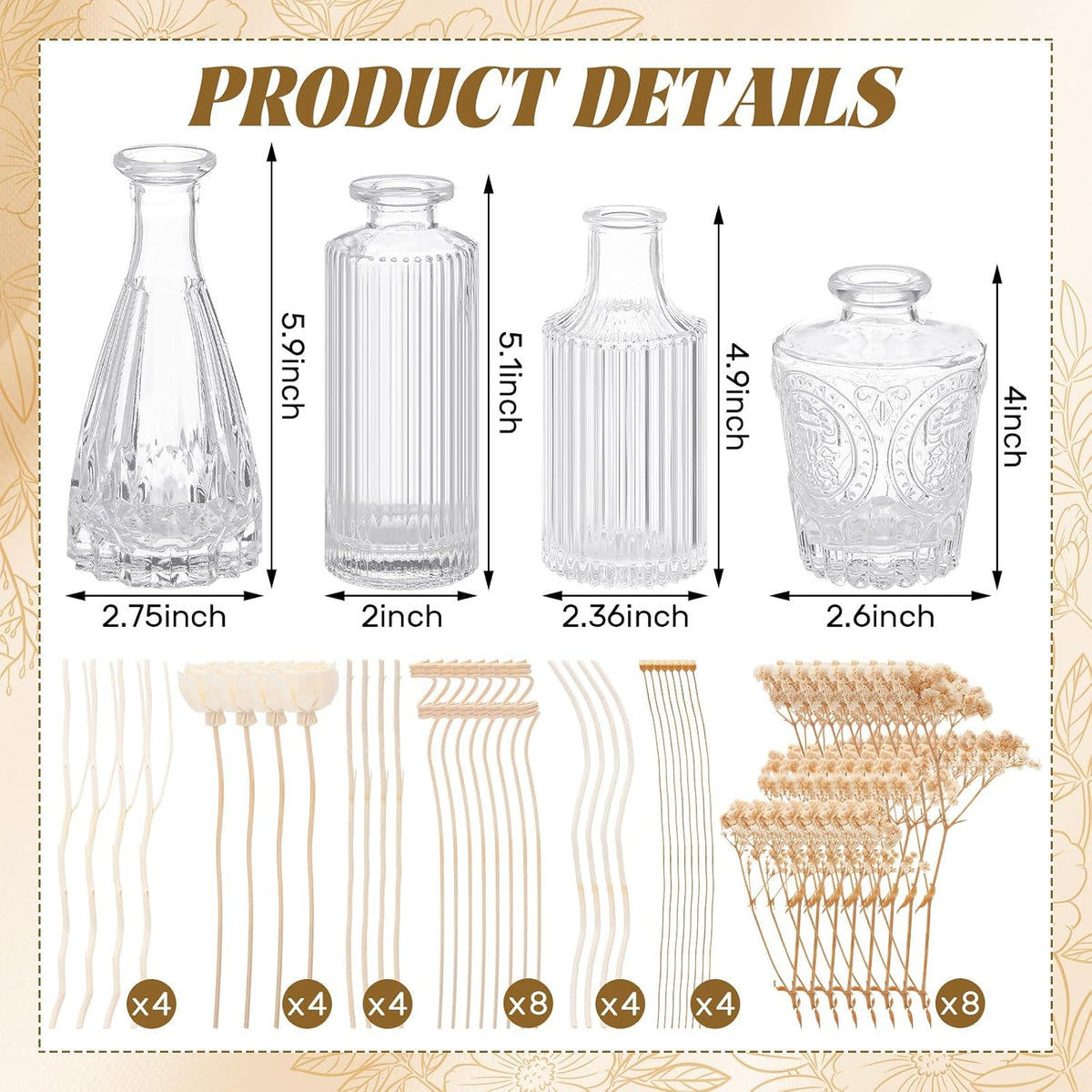 4-Piece Reed Diffuser Set (4 Styles) — Includes 5.1oz Empty Bottles and 36 Reeds; Features Decorative "Baby's Breath" Accents; High-End and Stylish, Perfect for Bedroom, Bathroom, Home, and Office Decor