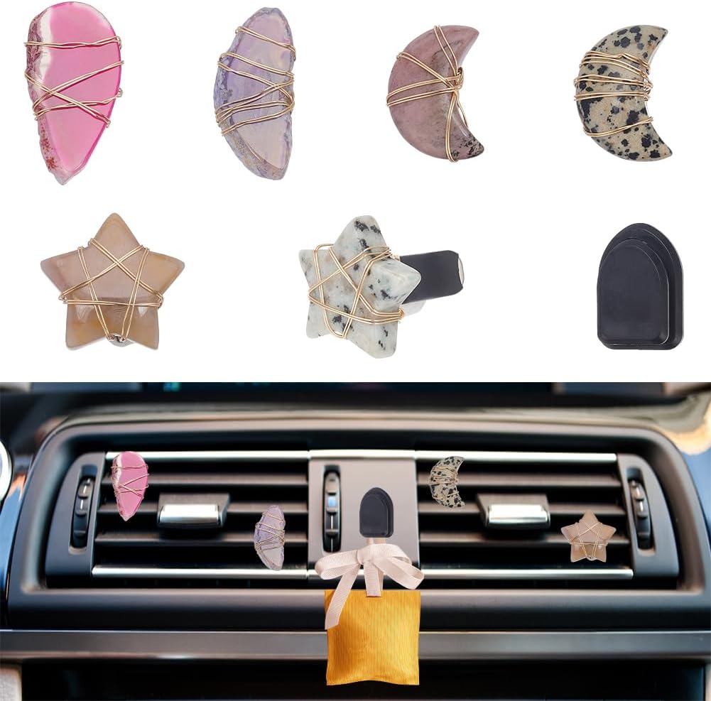 6pcs Star Moon Natural Stone Car Air Vent Clips with Hook Gemstone Car Vent Clips Quartz Crystals Car Vent Clips Teardrop Stones with Copper Wire for Car Air Vent Accessory -6 Styles