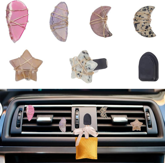 6pcs Star Moon Natural Stone Car Air Vent Clips with Hook Gemstone Car Vent Clips Quartz Crystals Car Vent Clips Teardrop Stones with Copper Wire for Car Air Vent Accessory -6 Styles