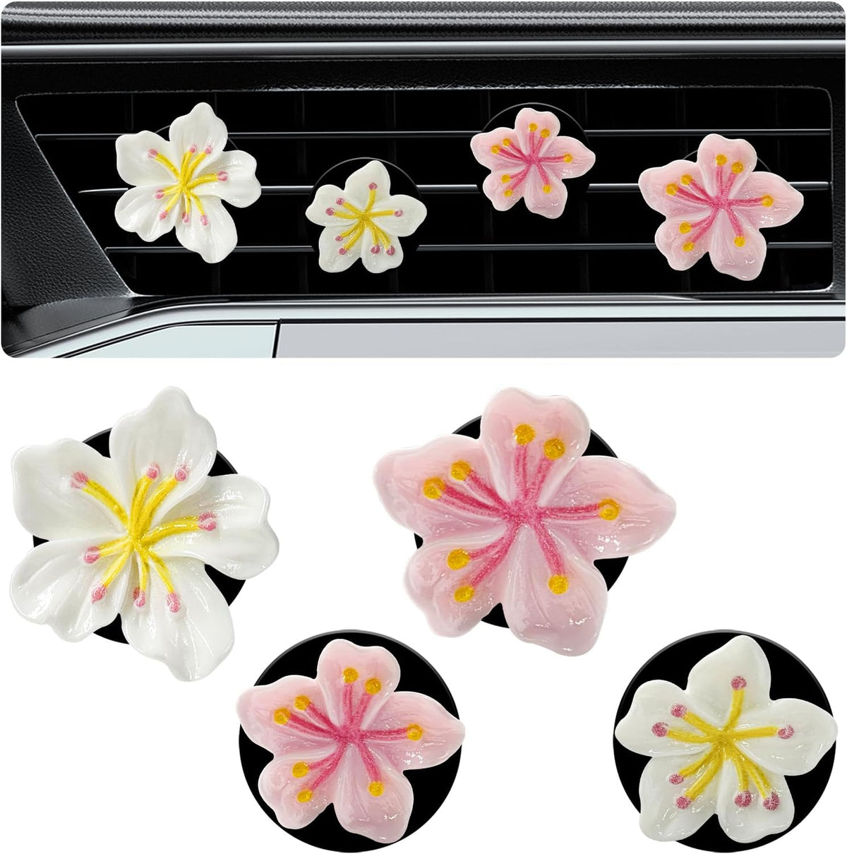 4 PCS Cute Car Air Freshener Vent Clips, Flower Air Conditioning Outlet Clip Aesthetic Decoration, Automotive Interior Daisy Refillable Diffuser for Women Girls, Car Accessories