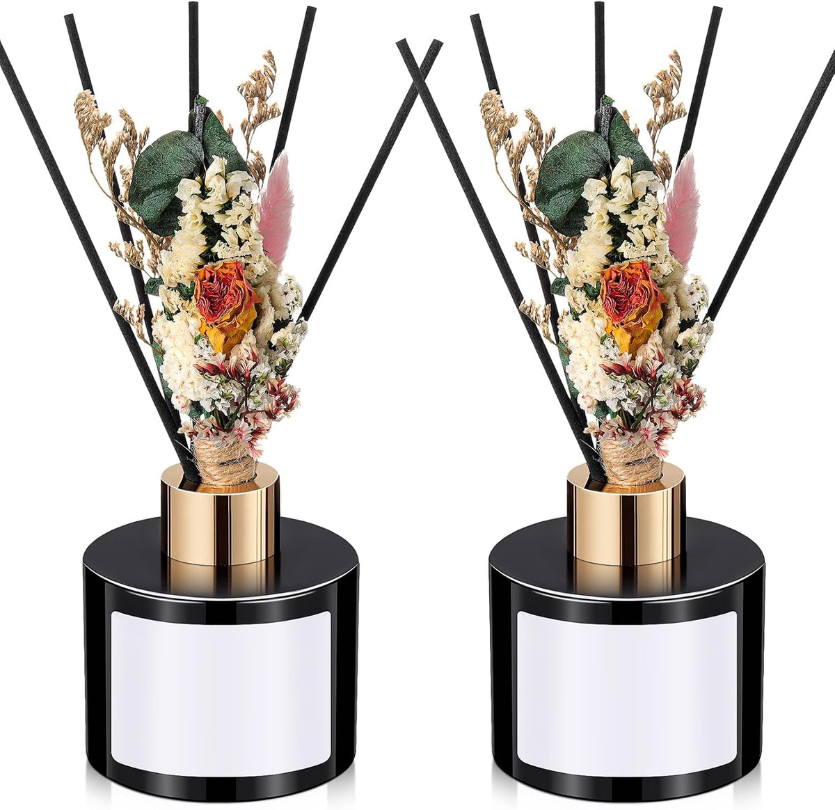 Set of 2 Reed Diffuser Kits — Featuring Floral-Shaped Diffuser Reeds; Includes Two 5 oz. Empty Glass Diffuser Bottles (for Refills); Ideal for Home & Bathroom Fragrance and Gifting; Essential Oils Not Included (Black Edition).