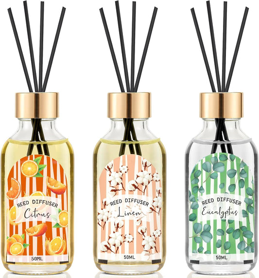 3-Piece Reed Diffuser Set — Linen, Eucalyptus, and Citrus Scented Essential Oil Diffusers (Includes 15 Reeds); A Top Choice for Home, Bathroom, and Office Decor; Each Bottle is 1.7 fl oz (Total Capacity: 5.1 fl oz) oz