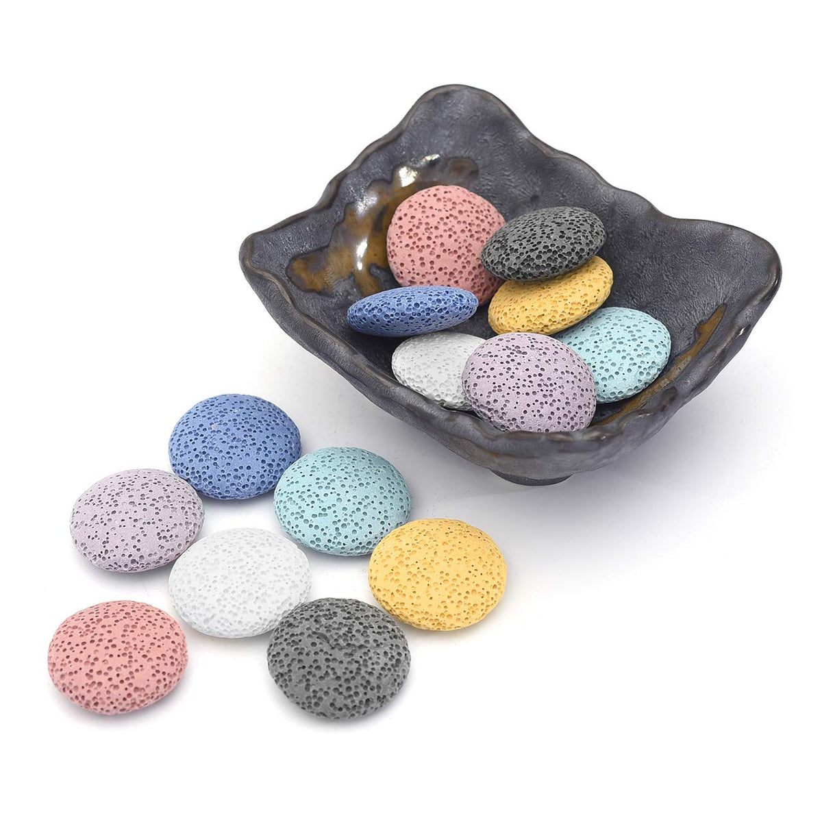 Lava Rock Stone Aromatherapy Essential Oil Diffuser Set Square Ceramic Fragrance Perfume Ware Bowl with 14Pcs Round Shape Lava Stone Beads
