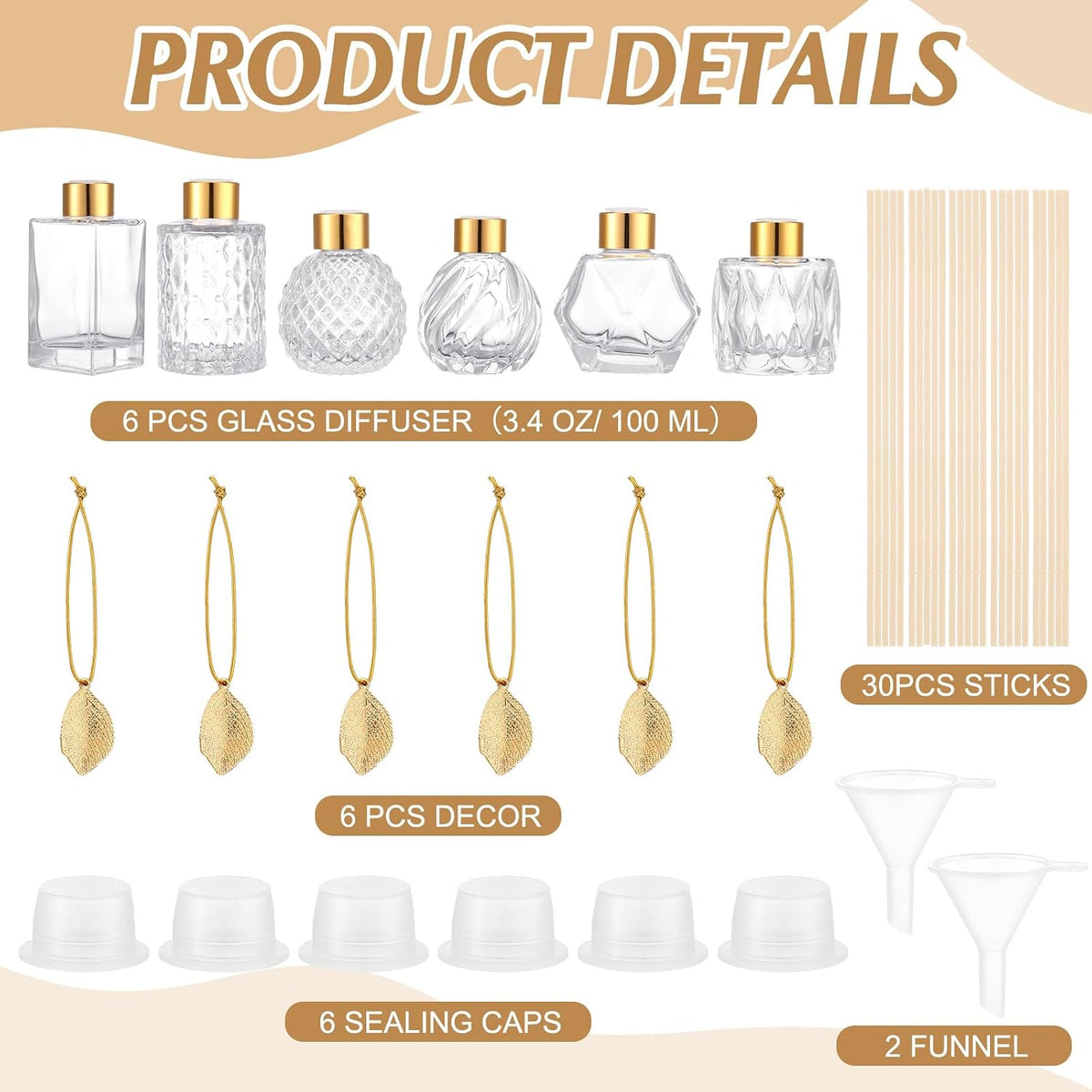 6-Piece Reed Diffuser Gift Set — Includes an Empty Glass Diffuser Bottle (3.4 oz. Prism Design), 30 Reeds, a Metal Leaf Accent, and a Filling Funnel; Ideal for DIY Essential Oil Blends; Suitable for Home and Office Decor; Available in 6 Styles.