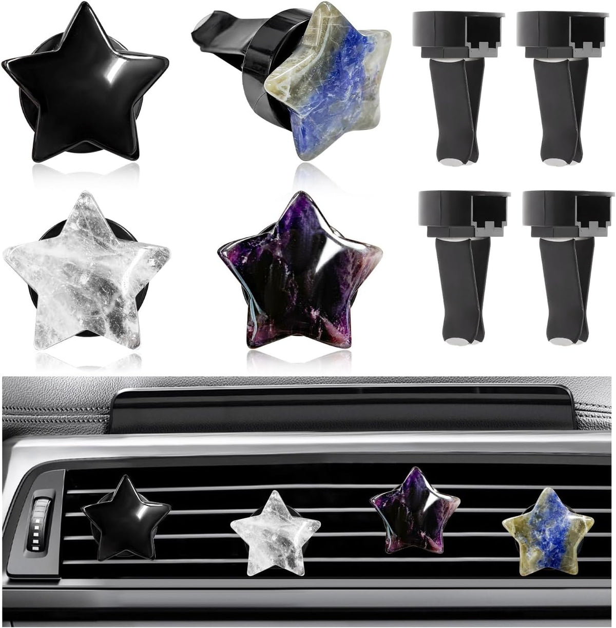 4PCS Star Crystal Car Vent Clips, Quartz Crystal Star Shape Air Freshener Vent Clip with Aroma Tablet, Gemstone Star Lovely Auto Air Outlet Clip Charm Decor for Girl Women