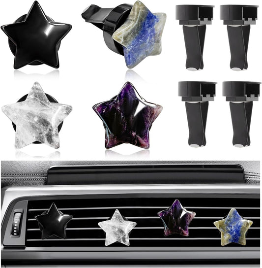 4PCS Star Crystal Car Vent Clips, Quartz Crystal Star Shape Air Freshener Vent Clip with Aroma Tablet, Gemstone Star Lovely Auto Air Outlet Clip Charm Decor for Girl Women