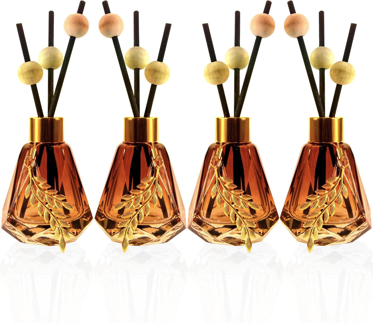 Set of 4 Empty Glass Diffuser Bottles – Refillable Diffuser Kit featuring a Diamond-Cut Design; Includes 20 Reed Sticks, 12 Wooden Beads, and 4 Metal Leaf Ornaments; 60ml Capacity, Gradient Brown Finish.