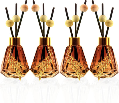 Set of 4 Empty Glass Diffuser Bottles – Refillable Diffuser Kit featuring a Diamond-Cut Design; Includes 20 Reed Sticks, 12 Wooden Beads, and 4 Metal Leaf Ornaments; 60ml Capacity, Gradient Brown Finish.