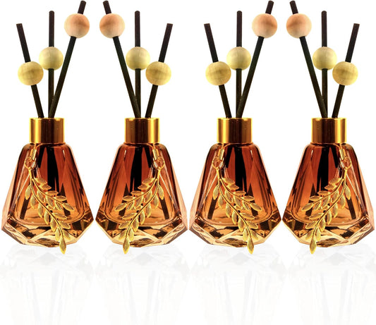 Set of 4 Empty Glass Diffuser Bottles – Refillable Diffuser Kit featuring a Diamond-Cut Design; Includes 20 Reed Sticks, 12 Wooden Beads, and 4 Metal Leaf Ornaments; 60ml Capacity, Gradient Brown Finish.