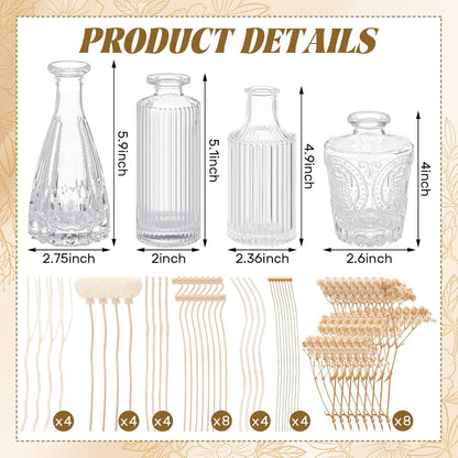 4-Piece Reed Diffuser Set (4 Styles) — Includes 5.1oz Empty Bottles and 36 Reeds; Features Decorative "Baby's Breath" Accents; High-End and Stylish, Perfect for Bedroom, Bathroom, Home, and Office Decor