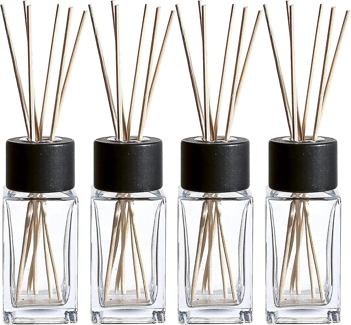 Natural Diffuser Reeds Bottles Sticks | Clear Glass Home Décor for Kitchen and Living Room | Black Wood Caps | Décorative Fragrance Set with Long Lasting Aroma - Set of 4