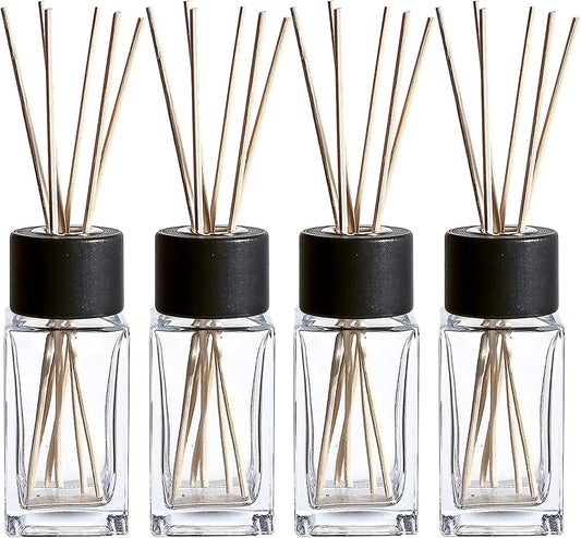 Natural Diffuser Reeds Bottles Sticks | Clear Glass Home Décor for Kitchen and Living Room | Black Wood Caps | Décorative Fragrance Set with Long Lasting Aroma - Set of 4