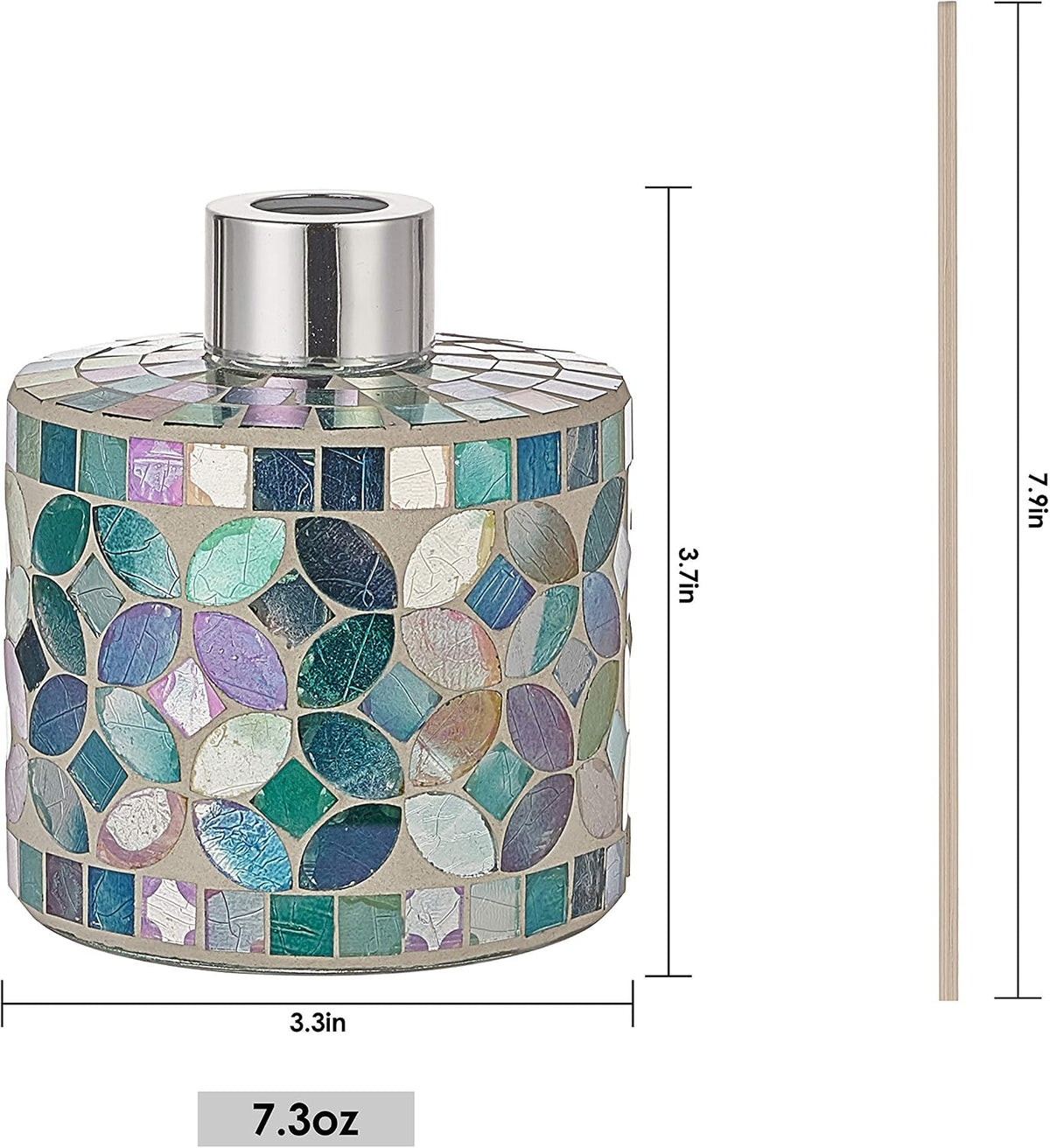 7.3oz Decorative Vertical Mosaic Glass Diffuser Set (2-Pack) — Features Silver Caps and 16 Natural Reeds; An Ideal Choice for Home Aromatherapy, Bathroom Decor, and Space Accents (Blue)